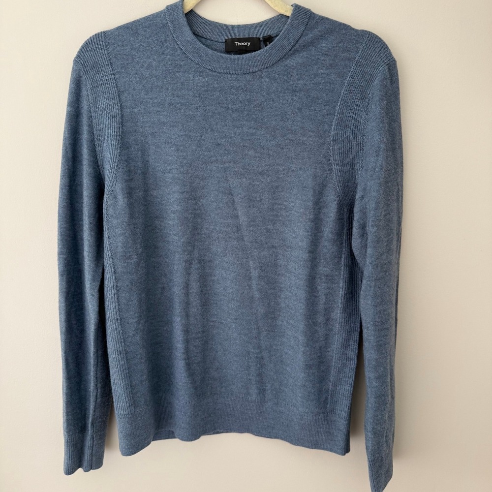 Theory Picard Cashwool Blue Merino Wool Ribbed Crew‎ Neck Sweater Mens Small